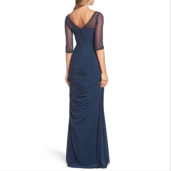La Femme Navy Ruched Rhinestone Shoulder Gown - Picture 4 of 13
